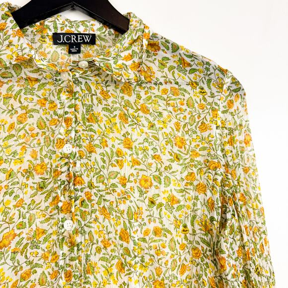J.Crew Chiffon Crinkle Sheer Button Up Shirt Floral Green Yellow CD028 - 8 - Picture 2 of 10